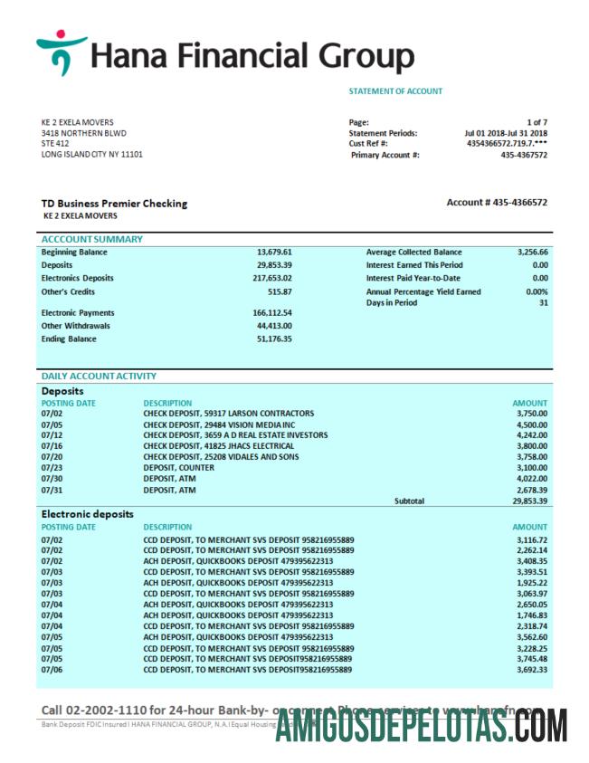 Em branco Hana Financial Group Firm Bank Statement modelo Word e PDF